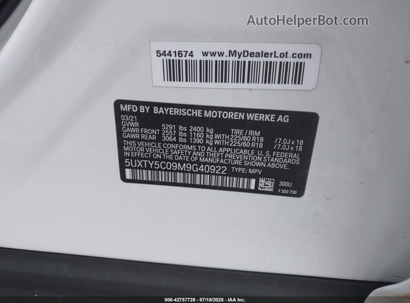5UXTY5C09M9G40922 2021 BMW X3 White Շարժիչի բաժամունքի տեսք