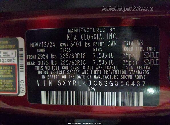 5XYRL4JC6SG350437 2025 KIA SORENTO Красный Вид подкапотного пространства