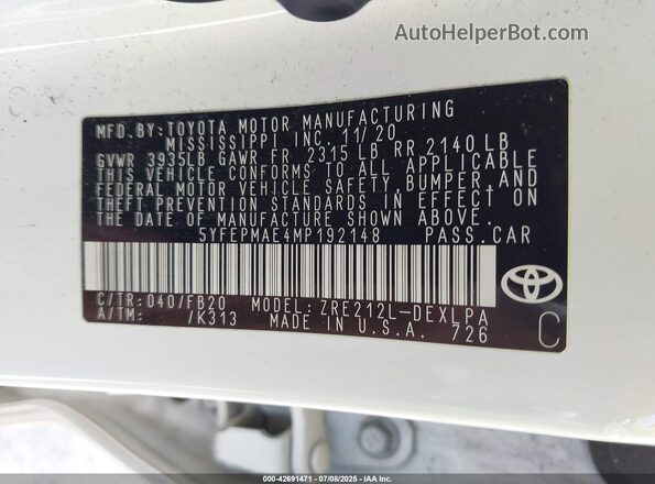 5YFEPMAE4MP192148 2021 TOYOTA LL Белый Вид подкапотного пространства