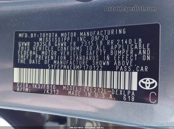 5YFEPMAE8MP170122 2021 TOYOTA LL Серый Вид подкапотного пространства