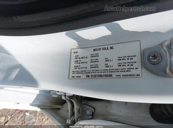 5YJ3E1EB6LF650486 2020 TESLA MODEL 3 White Vista del compartimento del motor