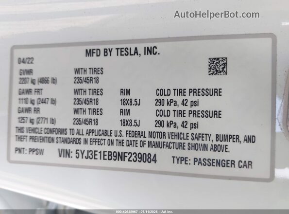 5YJ3E1EB9NF239084 2022 TESLA MODEL 3 White ძრავის განყოფილების ხედი