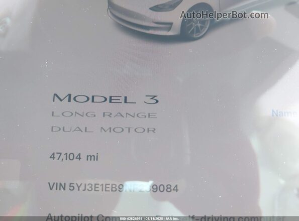 5YJ3E1EB9NF239084 2022 TESLA MODEL 3 White უკანა სავარძლების ხედი