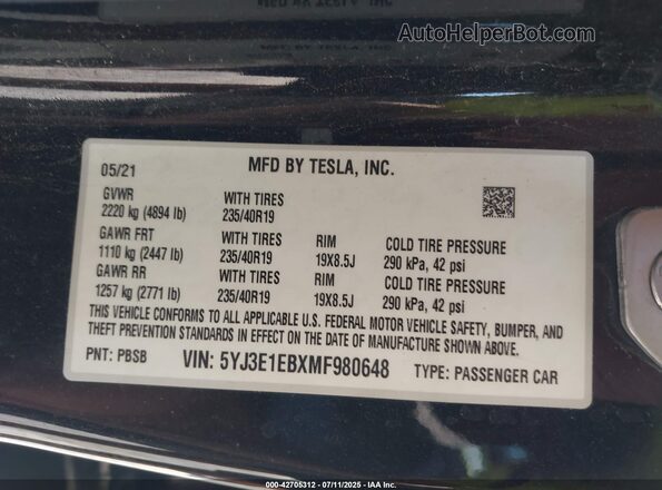 5YJ3E1EBXMF980648 2021 TESLA MODEL 3 Black Вид підкапотного простору