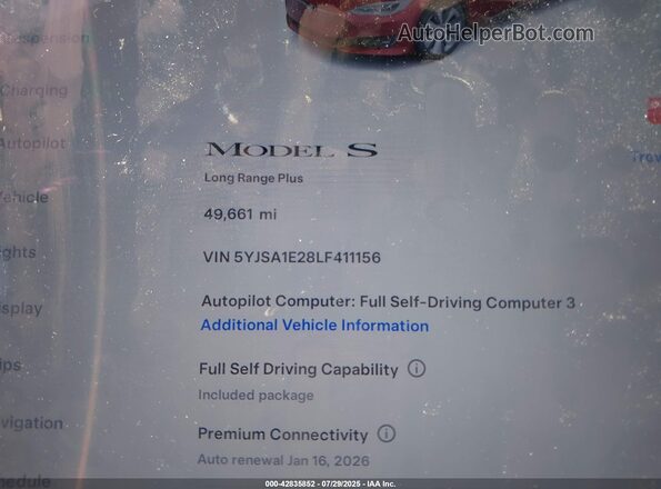 5YJSA1E28LF411156 2020 TESLA MODEL S Красный 
