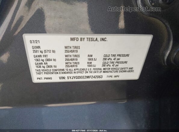 5YJYGDEE2MF242063 2021 TESLA MODEL Y Gray Вид підкапотного простору