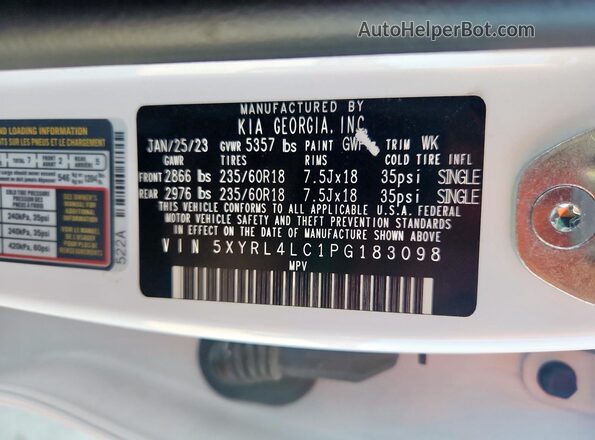 5XYRL4LC1PG183098 2023 KIA SORENTO Белый Панорамный вид салона 360°