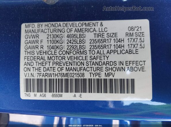 7FARW1H76ME021508 2021 HONDA CR-V Blue ძრავის განყოფილების ხედი