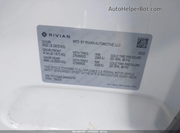 7FCTGAAL8NN002767 2022 RIVIAN R1T White Շարժիչի բաժամունքի տեսք
