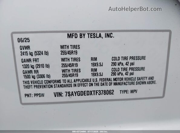 7SAYGDEDXTF378062 2026 TESLA MODEL Y White Widok komory silnika