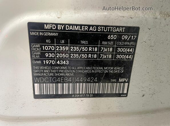 WDCTG4EB4JJ449424 2018 MERCEDES-BENZ GLA-CLASS White Widok wnętrza z tyłu