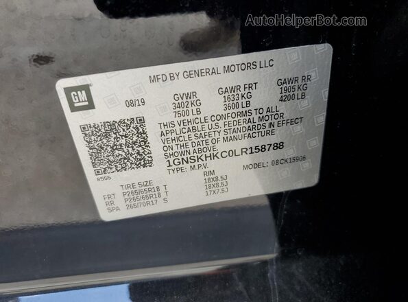 1GNSKHKC0LR158788 2020 CHEVROLET SUBURBAN Черный Панорамный вид салона 360°