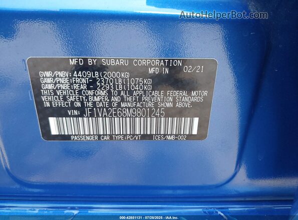 JF1VA2E68M9801245 2021 SUBARU WRX STI Blue Engine compartment view