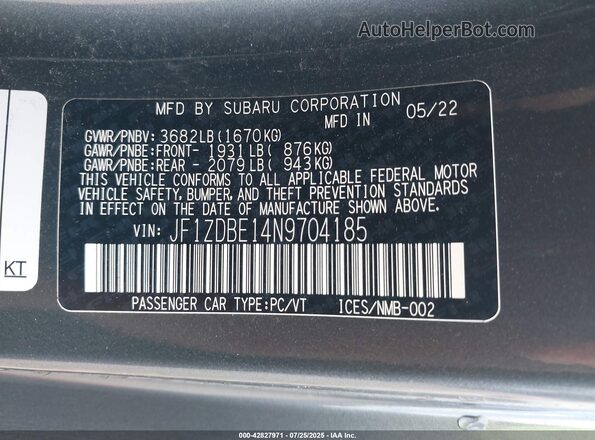 JF1ZDBE14N9704185 2022 SUBARU BRZ Gray ძრავის განყოფილების ხედი