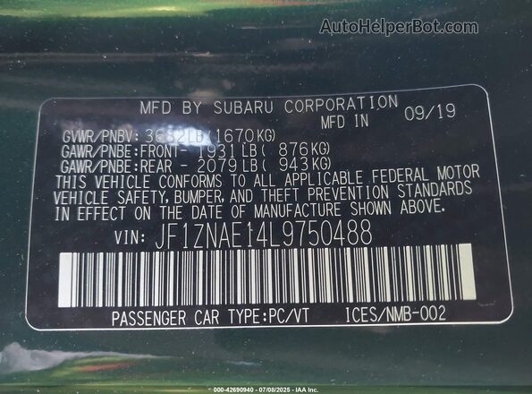 JF1ZNAE14L9750488 2020 TOYOTA 86 Зеленый Вид подкапотного пространства