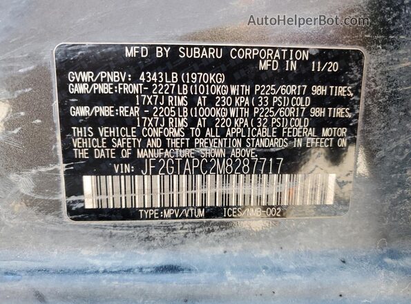 JF2GTAPC2M8287717 2021 SUBARU CROSSTREK Gray Widok naklejki z numerem VIN