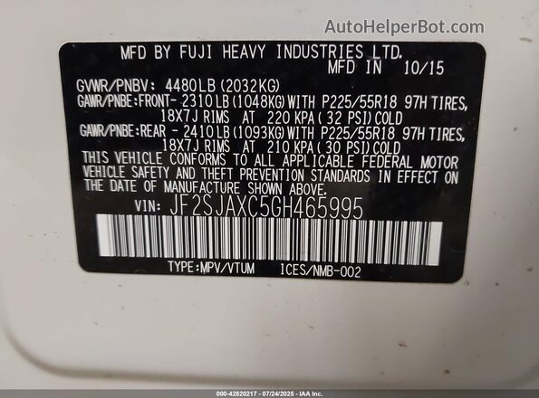 JF2SJAXC5GH465995 2016 SUBARU FORESTER 2.5I TO White Widok komory silnika