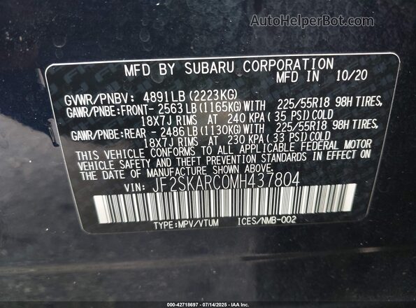 JF2SKARC0MH437804 2021 SUBARU FORESTER Dark Blue Widok komory silnika