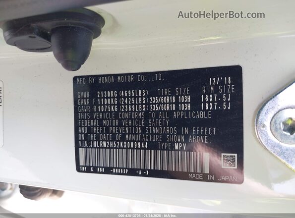 JHLRW2H52KX009944 2019 HONDA CR-V White Widok komory silnika