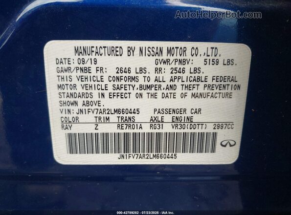 JN1FV7AR2LM660445 2020 INFINITI Q50 Blue Widok komory silnika