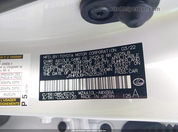 JTHP3JBH7N2052671 2022 LEXUS UX 200 White Вид підкапотного простору