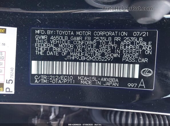 JTHP9JBH2M2052297 2021 LEXUS UX Black Vista del compartimento del motor