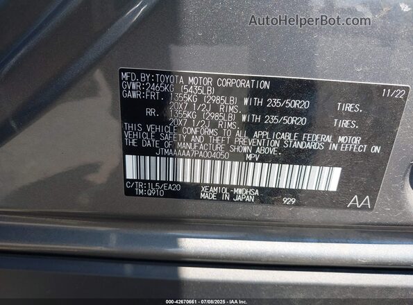 JTMAAAAA7PA004050 2023 TOYOTA LIMITED Серый Вид подкапотного пространства