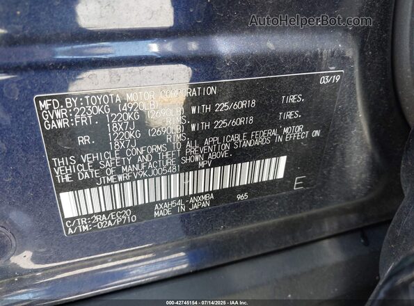 JTMEWRFV9KJ005481 2019 TOYOTA RAV4 HYBRID Dark Blue Вид подкапотного пространства