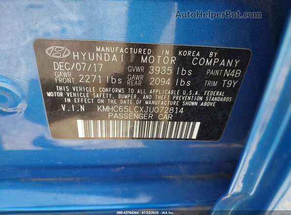 KMHC65LCXJU072814 2018 HYUNDAI IONIQ HYBRID Blue Engine compartment view