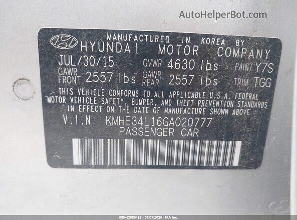 KMHE34L16GA020777 2016 HYUNDAI SONATA Silver Engine compartment view