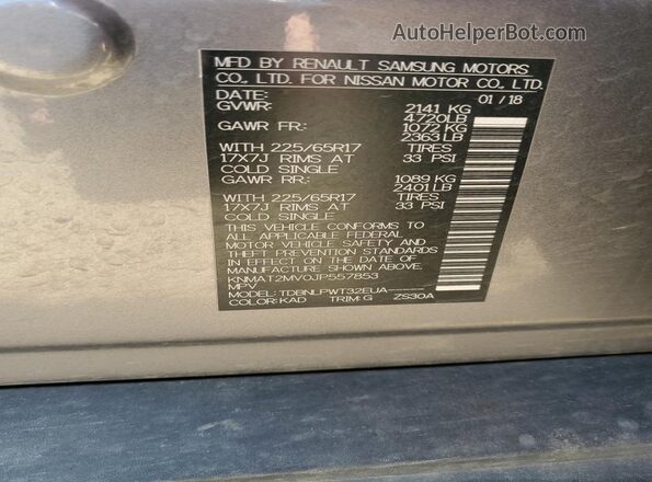 KNMAT2MV0JP557853 2018 NISSAN ROGUE Charcoal Widok naklejki z numerem VIN