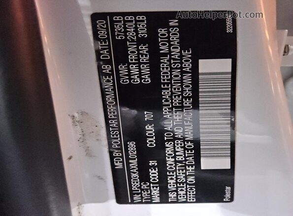 LPSED3KAXML012896 2021 POLESTAR 2 White VIN კოდის სტიკერის ხედი