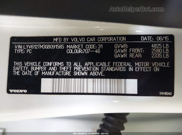 LYV612TM3GB091585 2016 VOLVO S60 INSCRIPTION White Вид підкапотного простору