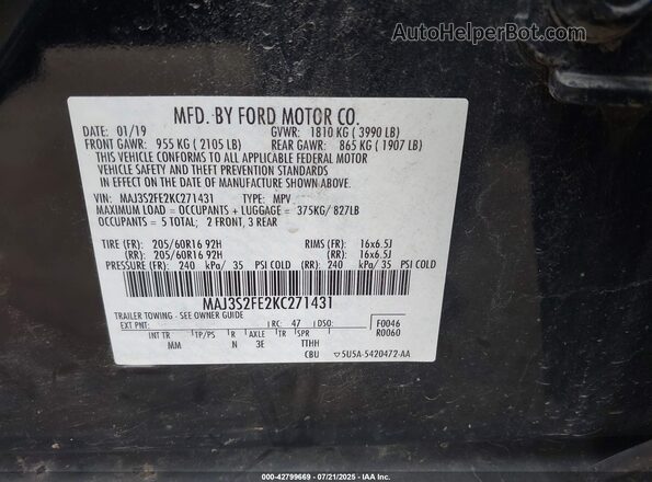 MAJ3S2FE2KC271431 2019 FORD ECOSPORT Черный Вид подкапотного пространства