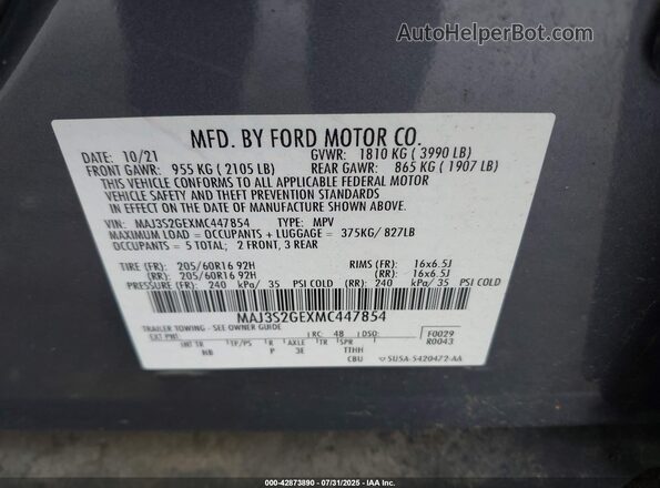 MAJ3S2GEXMC447854 2021 FORD ECOSPORT Серый Вид подкапотного пространства