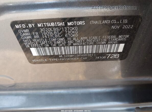 ML32AWHJ3PH003611 2023 MITSUBISHI MIRAGE Gray Vista del compartimento del motor