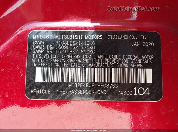 ML32F4FJ9LHF08753 2020 MITSUBISHI MIRAGE G4 Red Widok komory silnika