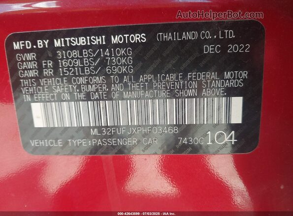 ML32FUFJXPHF03468 2023 MITSUBISHI MIRAGE Red Vista del compartimento del motor