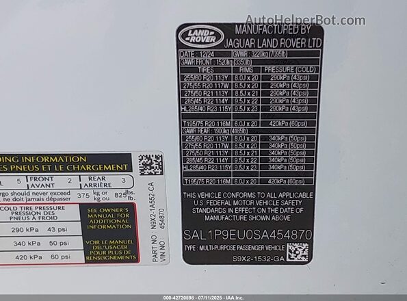 SAL1P9EU0SA454870 2025 LAND ROVER RANGE ROVER SPORT White Вид підкапотного простору