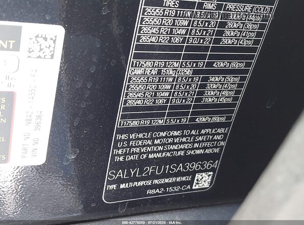 SALYL2FU1SA396364 2025 LAND ROVER RANGE ROVER VELAR Black Vista del compartimento del motor