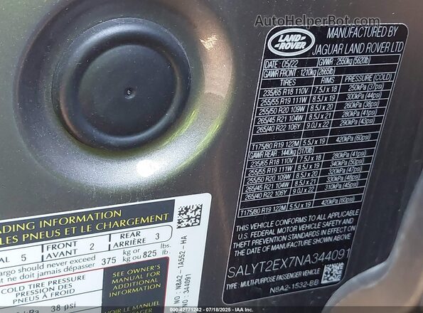SALYT2EX7NA344091 2022 LAND ROVER RANGE ROVER VELAR Серый Вид подкапотного пространства