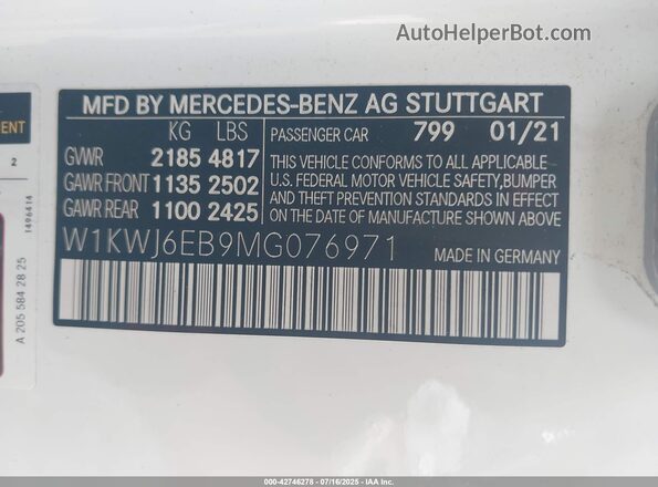 W1KWJ6EB9MG076971 2021 MERCEDES-BENZ C White ძრავის განყოფილების ხედი