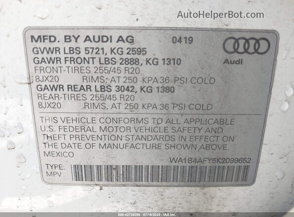 WA1B4AFY6K2099652 2019 AUDI SQ5 White Widok komory silnika
