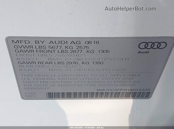 WA1CCAFP3HA034335 2017 AUDI SQ5 Белый Вид подкапотного пространства