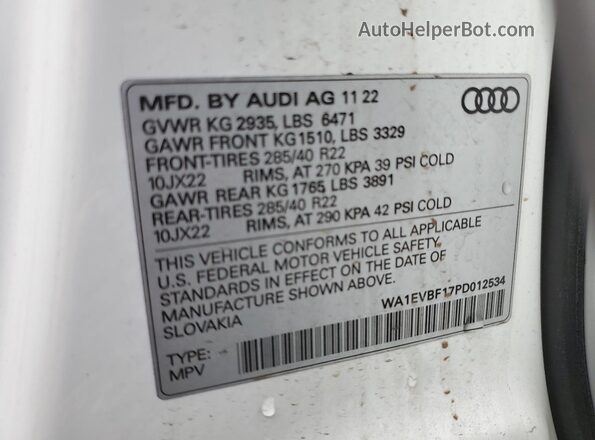 WA1EVBF17PD012534 2023 AUDI Q8 Белый Панорамный вид салона 360°