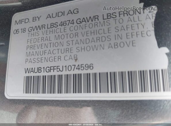 WAUB1GFF5J1074596 2018 AUDI S3 Серый Вид подкапотного пространства