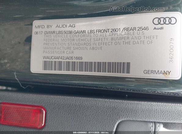 WAUC4AF42JA051669 2018 AUDI S4 Зеленый Вид подкапотного пространства