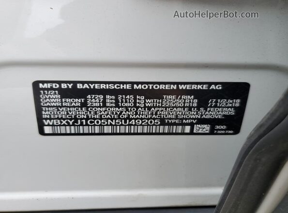 WBXYJ1C05N5U49205 2022 BMW X2 White VIN կոդի պիտակի տեսք