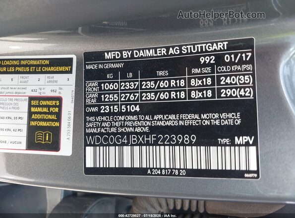 WDC0G4JBXHF223989 2017 MERCEDES-BENZ GLC-CLASS Gray Vista del compartimento del motor