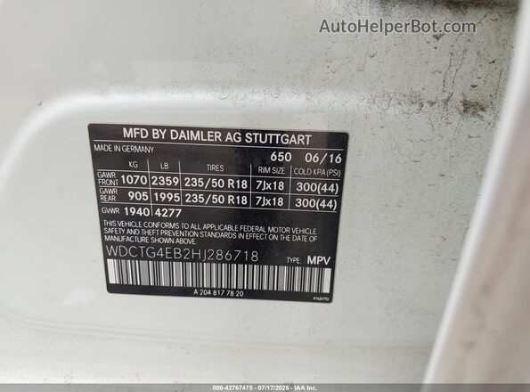 WDCTG4EB2HJ286718 2017 MERCEDES-BENZ GLA 250 White Vista del compartimento del motor